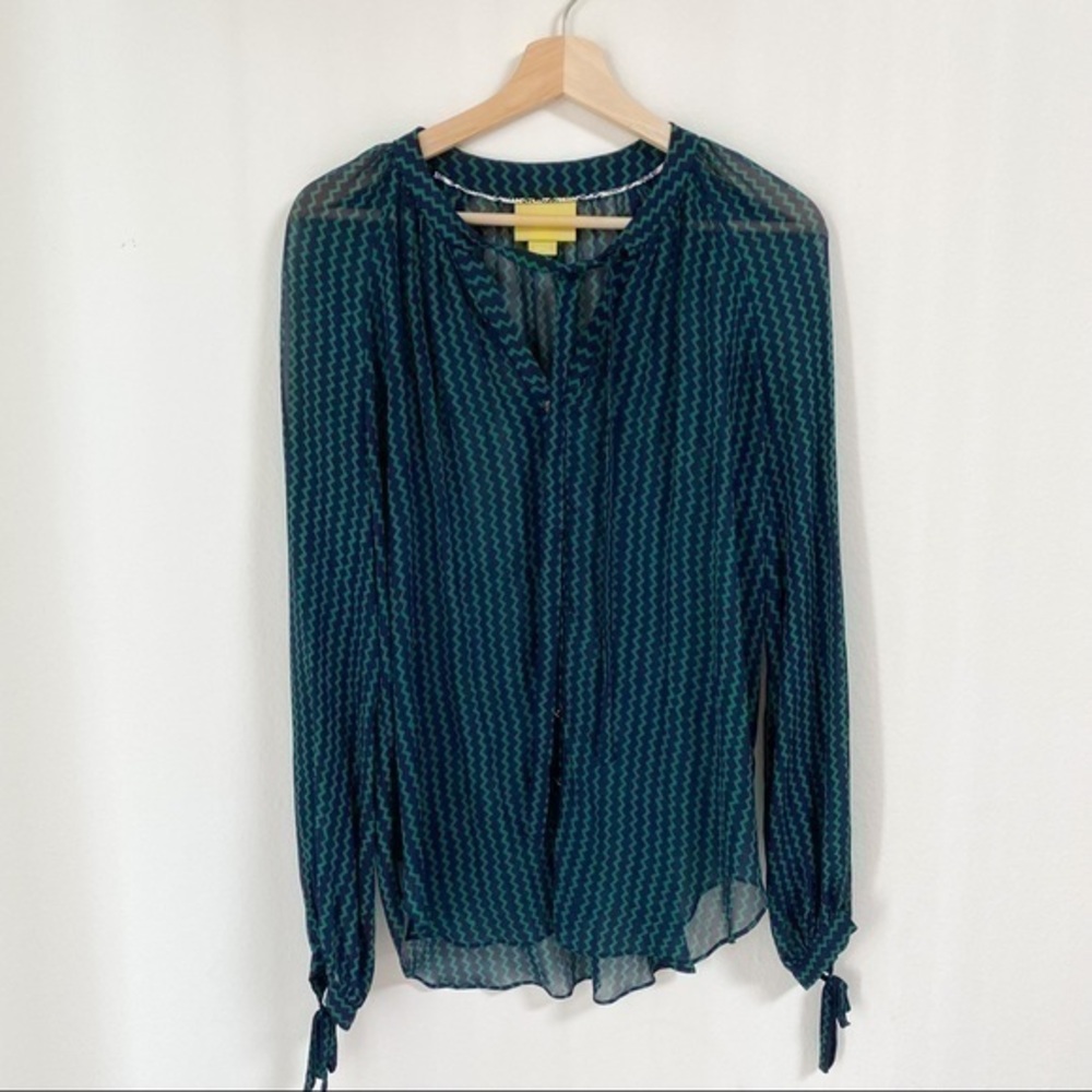 Anthropologie long sleeve green Neck Tie Chevron Tunic sheer abstract blouse top